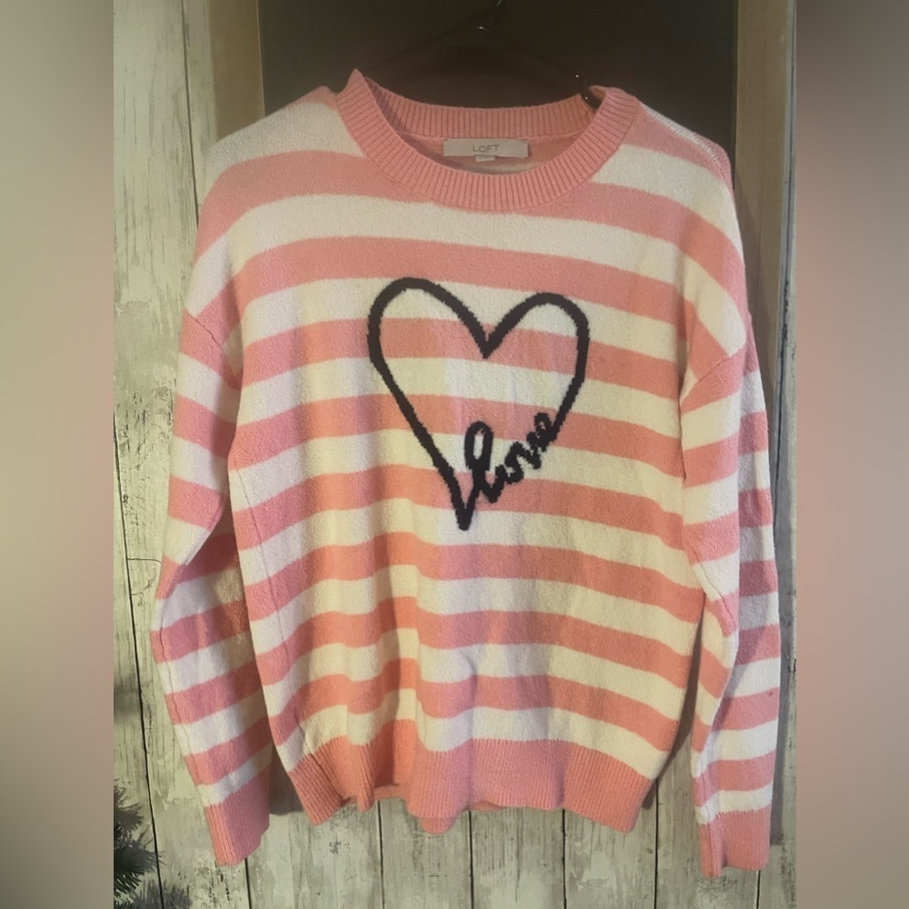 LOFT Striped Love Sweater Rebel Wilson Pink/White Sz Small